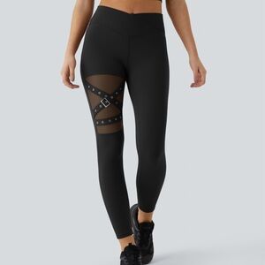 High Waisted Crossover Contrast Mesh Decorative Buckle Yoga Leggings